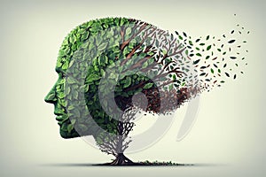 Mental Wellness Positivity and Creativity concept with Head in a shape of a tree with green leafs. Ai generated