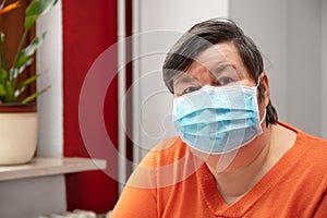 Mentally disabled woman wearing a surgical mask, covid-19 or corona