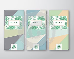 Menthol Chocolate Abstract Vector Packaging Design Labels Set. Modern Typography and Hand Drawn Mint Leaves Sketch