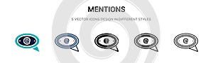 Mentions icon in filled, thin line, outline and stroke style. Vector illustration of two colored and black mentions vector icons