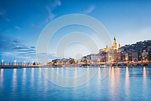 Menton City at night, French Riviera, blue hour sunset mood