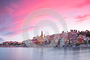 Menton City at night, French Riviera, golden hour before sunset