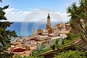 Menton, France. Aerial view of the old town architecture