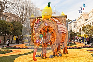 MENTON, FRANCE - FEBRUARY 27: Lemon Festival (Fete du Citron) on the French Riviera.Thousands of lemons and oranges are used to bu