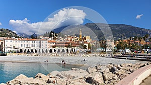 Menton, France, view of the old town and mountain landscape from the sea