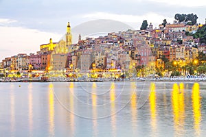 Menton mediaeval town on the French Riviera during sunset, France.