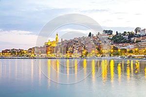 Menton mediaeval town on the French Riviera during sunset, France.