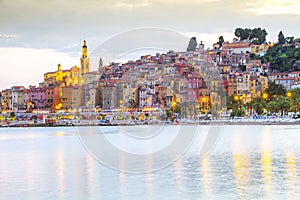 Menton mediaeval town on the French Riviera during sunset, France.