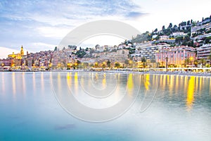 Menton mediaeval town on the French Riviera during sunset, France.