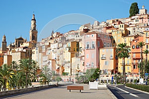 Menton, old city houses and street in the morning