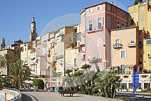 Menton, old city houses and street in the morning