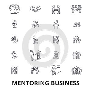 Mentoring business, mentor, coaching, business guidance, train, help, teamwork line icons. Editable strokes. Flat design