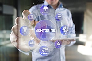 Mentoring and Coaching concept illustration on virtual screen.