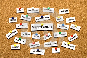 Mentoring from cutout newspaper headlines pinned to cork bulletin board