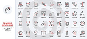 Mentoring, training for business teams trendy red black thin line icons set, career growth, workshop