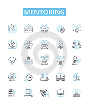 Mentoring vector line icons set. Counseling, advising, tutoring, guiding, coaching, support, teaching illustration photo