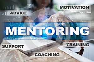 Mentoring on the virtual screen. Education concept. E-Learning. Success.