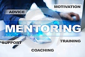 Mentoring on the virtual screen. Education concept. E-Learning. Success.