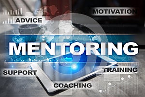 Mentoring on the virtual screen. Education concept. E-Learning. Success.