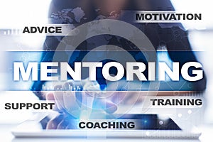 Mentoring on the virtual screen. Education concept. E-Learning. Success. photo