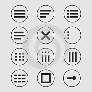Menu for apps and web Hamburger Menu dropdown in circle. Set interface icons, popup bar, template. Application list