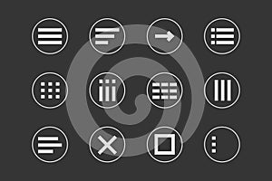 Menu for apps and web Hamburger Menu dropdown in circle. Set interface icons, popup bar, template. Application list