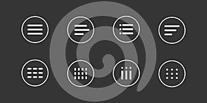 Menu for apps and web Hamburger Menu dropdown in circle. Set interface icons, popup bar, template. Application list