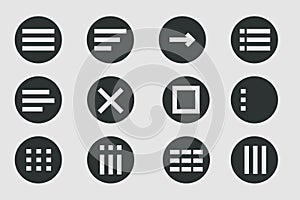 Menu for apps and web Hamburger Menu dropdown in circle. Set interface icons, popup bar, template. Application list