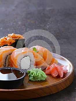 Menu of assorted sushi with salmon - Japanese cuisine