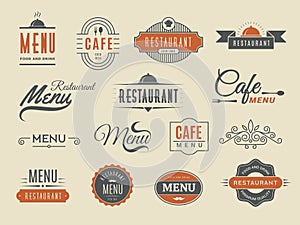 Menu badges. Restaurant or cafe logo and symbols with place for personal text recent vector template