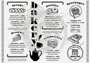 Menu bakery restaurant, food template placemat.