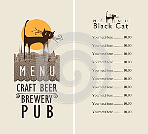 Menu for beer pub with a black cat in an old town