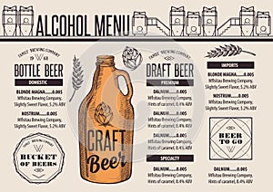 Menu beer restaurant, alcohol template placemat.