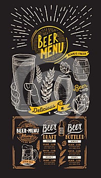 Menu for beer restaurant. Design template with hand-drawn graphic illustrations. Vector beverage flyer for bar.