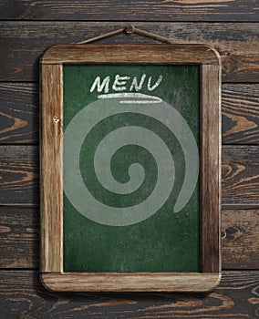 Menu blackboard hanging on wooden wall 3d illustration