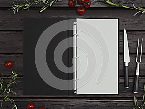 Menu with blank paper sheets with utensils on wooden background. 3d rendering.