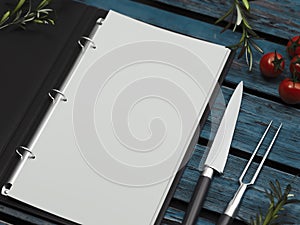 Menu with blank paper sheets with utensils on wooden background. 3d rendering.