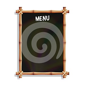 Menu Board With Bamboo Frame. Isolated On White Background. Realistic Black Chalkboard Hanging. Vector Illustration