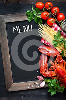 Menu board with red lobster and spaghetti