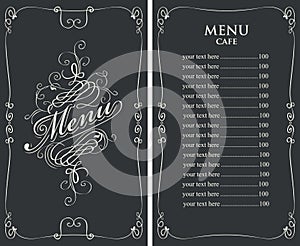 Menu for cafe with price list and curlicues frame