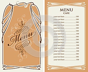 Menu for cafe with price list and curlicues frame photo