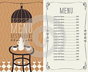 Menu for the cafe with price list and served table