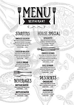 Menu cafe restaurant, template placemat. Food board design.