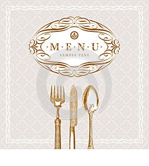 Menu with calligraphic frame and vintage cutlery