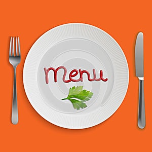 Menu card with plate, fork and knife