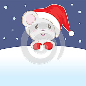 Cute Mouse Wearing Christmas Hat And Red Glove In The Snow Ground With The Snowy Background , Blank White Space For Your Text