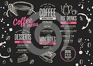 Menu coffee restaurant, beverage template placemat.