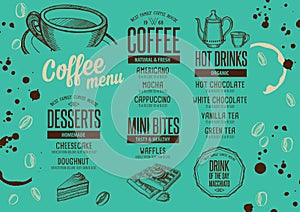 Menu coffee restaurant, beverage template placemat.