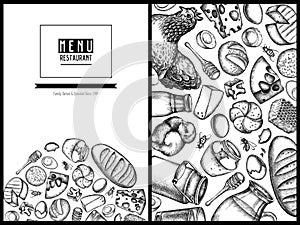 Menu cover floral design with black and white milk, cheese, chicken, eggs, buns and bread, honey