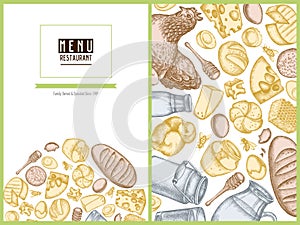 Menu cover floral design with pastel milk, cheese, chicken, eggs, buns and bread, honey